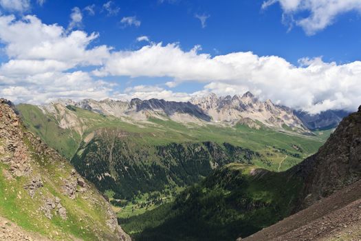 summer view of San Pellegrino Valley with Monzoni moumtain in val di Fassa, Italian dolomites. 