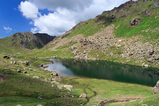 summer view of second Lusia lake, in val di Fassa, Italian dolomites