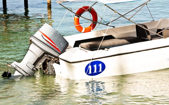 Fast boat in sea, aerial view in thailand