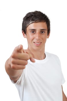 Portrait of a handsome swarthy man pointing finger to you on white background