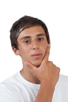 young swarthy man with  brown eyes Thinking about something on white background