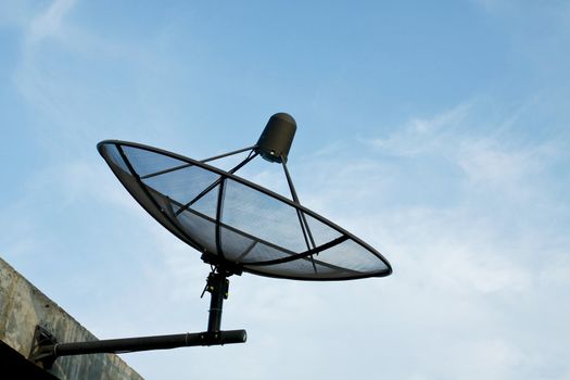 Satellite dish in blue sky.