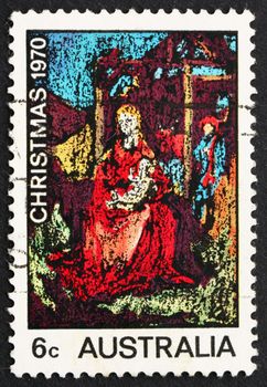 AUSTRALIA - CIRCA 1970: a stamp printed in the Australia shows Madona and Child, Painting by William Beasley, Christmas, circa 1970