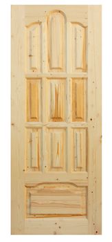 Wooden door made of coniferous tree on white background