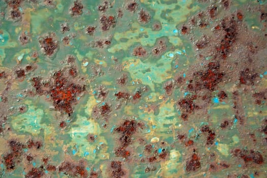 Chipped green paint rusty metal surface. Abstract industrial iron texture.
