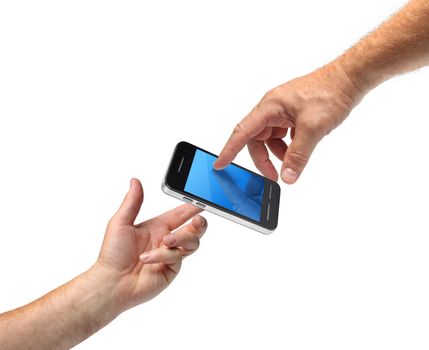 Two hands reaching smartphone, communication concept