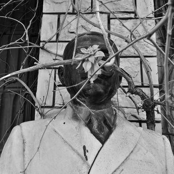 Vandalized marble statue of man with mustache obscured by overgrown plants.