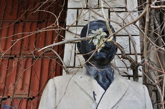 ATHENS, GREECE - FEBRUARY 2012. Vandalized marble statue of unidentified man obscured by overgrown plants at the abandoned house of Greek sculptor Nikolas Pavlopoulos (1909 - 1990).