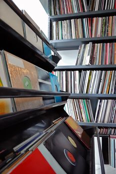 Vinyl record collection vintage music audio at record store.