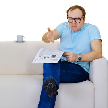 Funny man dissatisfied with news from the newspaper isolated on white background