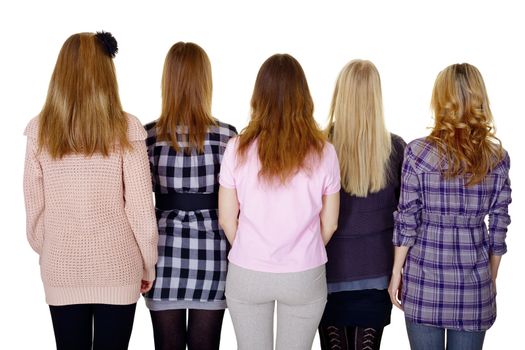 A group of young women - a rear view isolated on white background