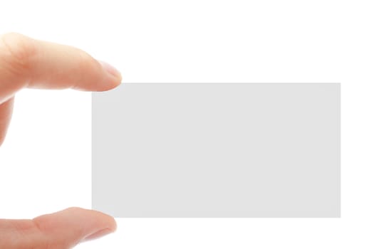 business card in the hand is isolated on a white background.