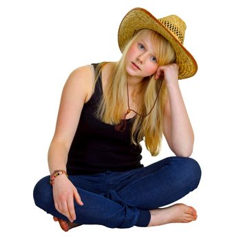 Blonde girl dressed in a rustic style isolated on white background