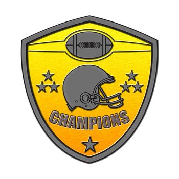 illustration of a golden american football helmet viewed from side done in metallic silver style set inside shield with ball on isolated white background with words champions.