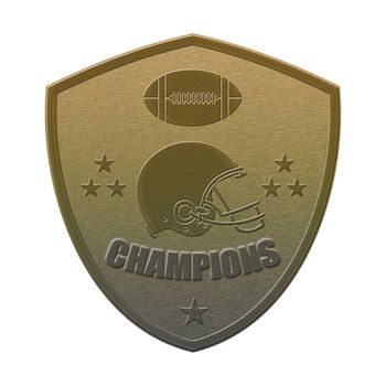 illustration of a golden american football helmet viewed from side done in metallic style set inside shield with ball on isolated white background with words champions.