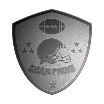 illustration of a golden american football helmet viewed from side done in metallic style set inside shield with ball on isolated white background with words champions.
