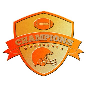illustration of a golden american football helmet viewed from side done in metallic style set inside shield with ball on isolated white background with words champions.