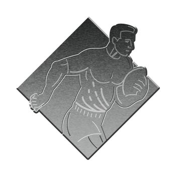 illustration of a rugby player running passing the ball on isolated background   done in metallic silver style.