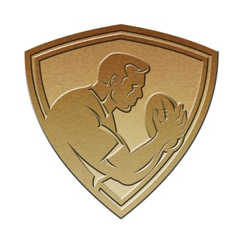 illustration of a rugby player running passing the ball on isolated background   done in metallic gold style set inside shield 