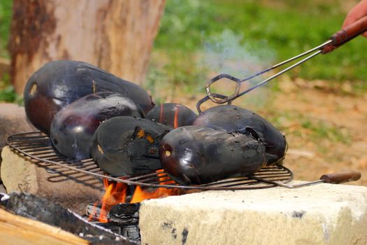 roasting eggplants on grill outdoors