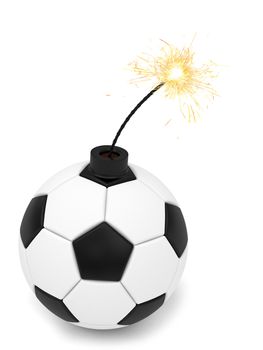 Soccer ball bomb with burning wick on white. High resolution 3D image rendered with soft shadows