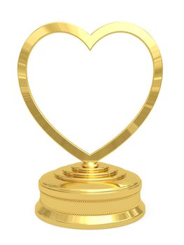 Golden heart shaped prize with blank plate on white background. High resolution 3D image