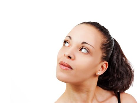 Woman looking above, isolated on white background