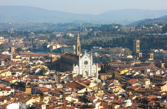 Panoramic view of Florence with The Basilica di Santa Croce in the distance. 