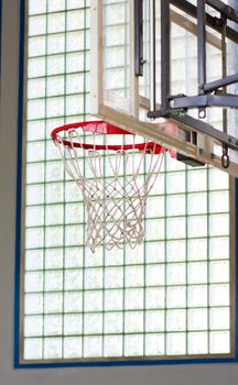 Basketball hoop in a gymnasium