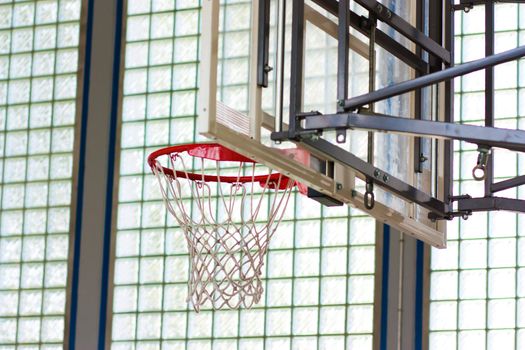 Basketball hoop in a gymnasium