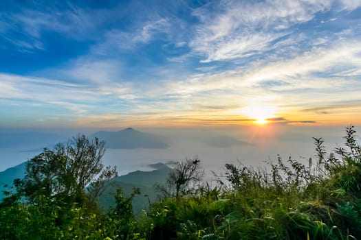 Sunrise in morning time misty early on mountain