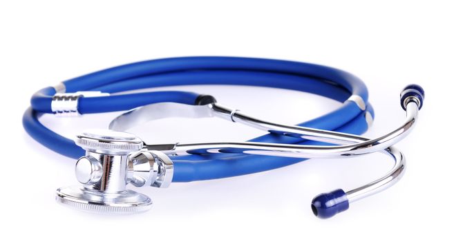 One blue stethoscope, shallow depth of field focus on the front