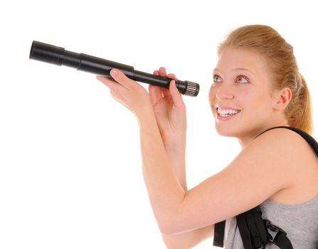Attractive smiling young woman with telescope on white background