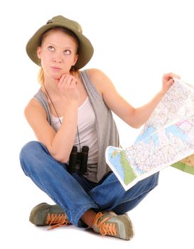 Thoughtful woman - tourist with a map and binocular on white background