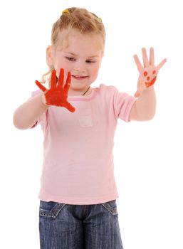Two years girl with hands painted in redl paint ready for hand prints