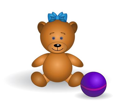 Toy teddy bear babe with a bow and a ball