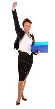 Atractive business woman with documents and gesture of success on white background