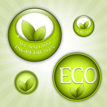 Set of green round signs. Eco, green and natural ingredients