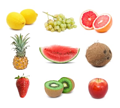 A set of different fruits isolated on white background