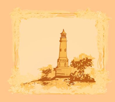 lighthouse seen from a tiny beach - Grunge Poster