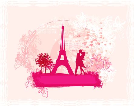 Romantic couple in Paris kissing near the Eiffel Tower. Retro card.