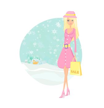 fashion winter girl with shopping bags