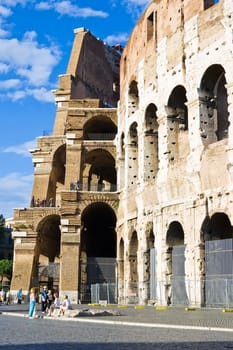 Walls of great roman amphitheater Colosseum in Rome, Italy