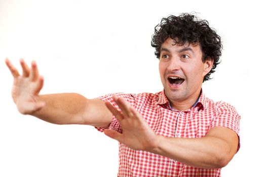 Man looking looking surprised or scared, isolated on white background 