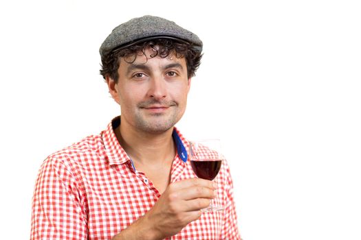 Portrait of a French man holding a glass of red wine, isolated on white background