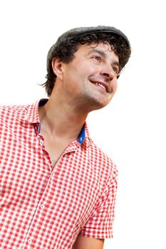 Portrait of a young man looking above, isolated on white background