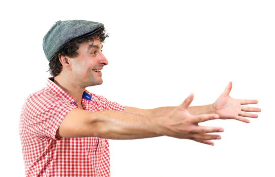 Young man opening his arms in a welcoming gesture, isolated on white background