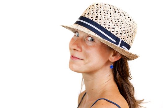 Pretty woman smiling and wearing a hat, isolated on white background