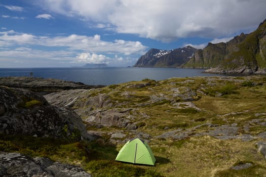 Lofoten islands in Norway are well known for their scenic wild-camping spots. Camping place near village A i Lofoten