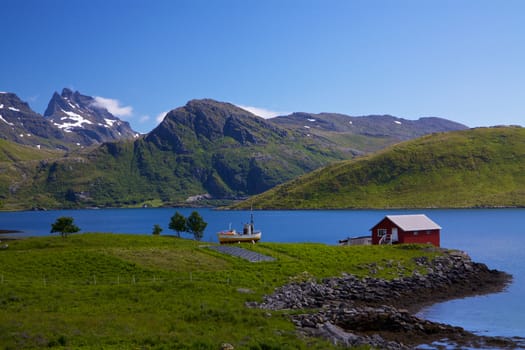 Picturesque view on Lofoten islands in Norway with fjords and steep mountain slopes